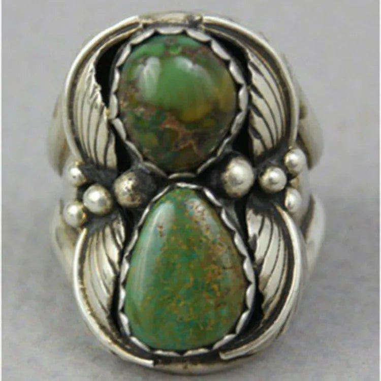Geometric turquoise alloy ring with a retro inlay design for women