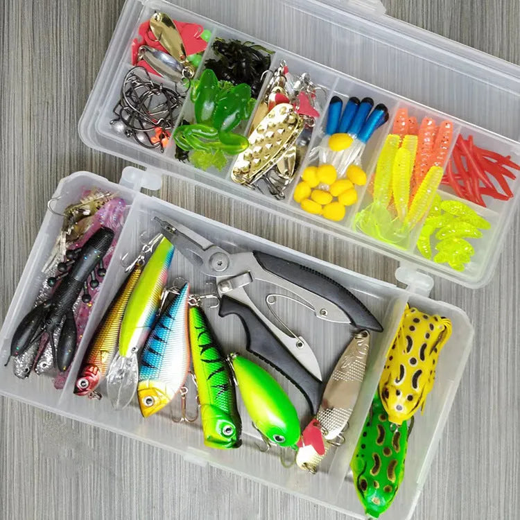 142-piece fishing lure set with metal pliers showing lures, sequins, and fishhooks