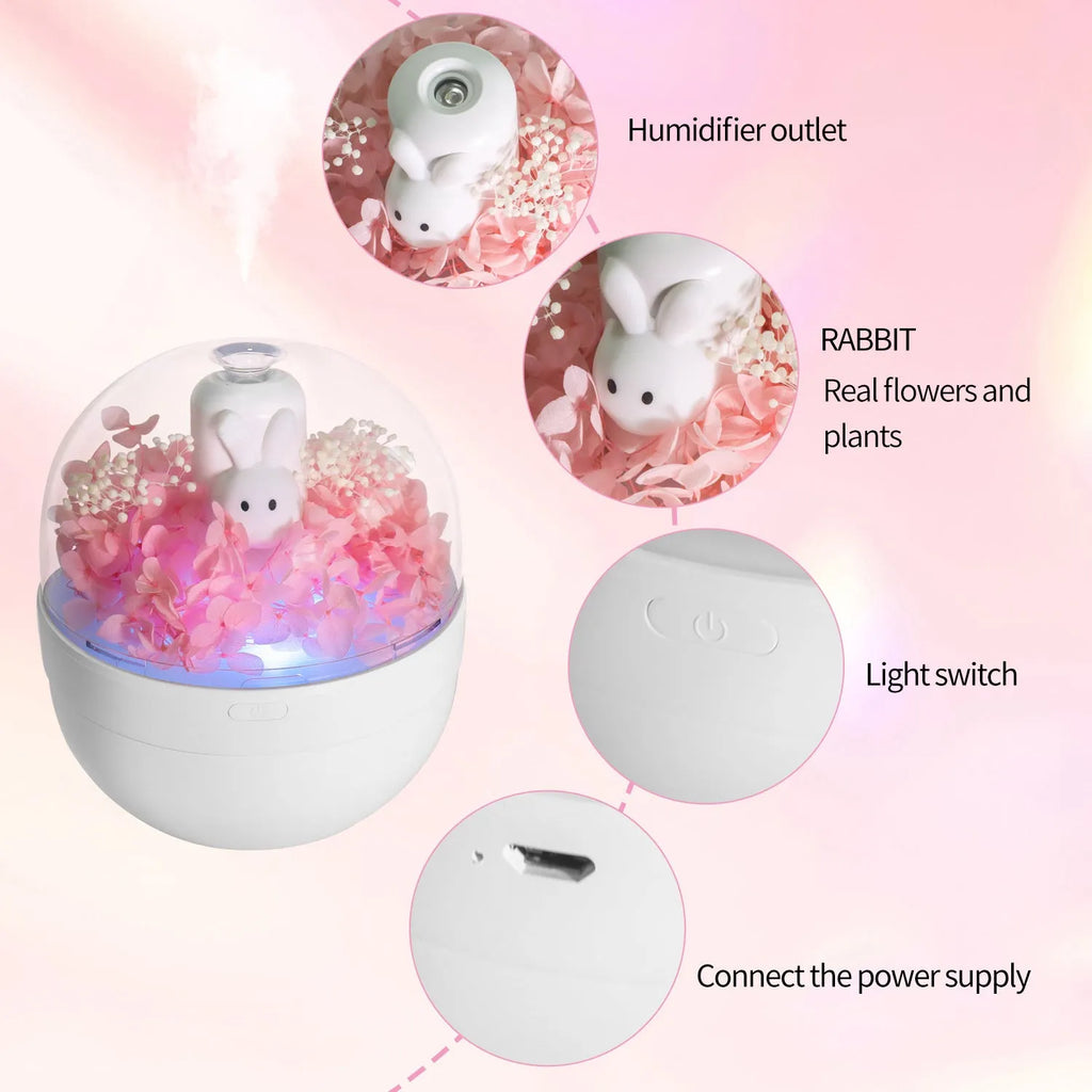 Pink rabbit-shaped aromatherapy humidifier with preserved flowers on top, USB powered for bedroom use.