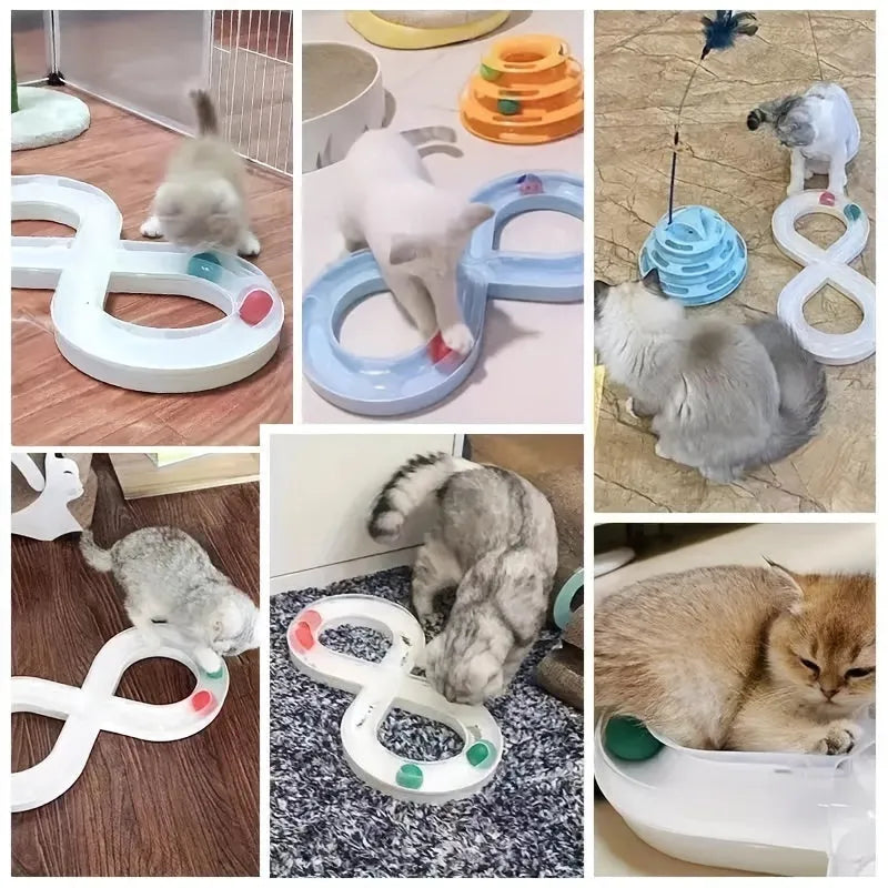 Blue and white cat activity centre with spinning track, ball, and teaser stick