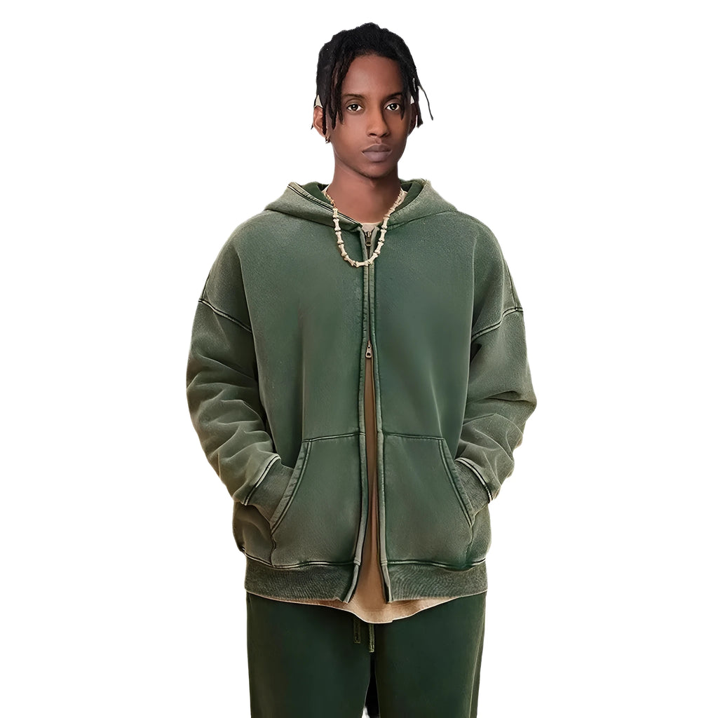 Men's washed vintage hooded cardigan sweater with a double zipper and fleece lining