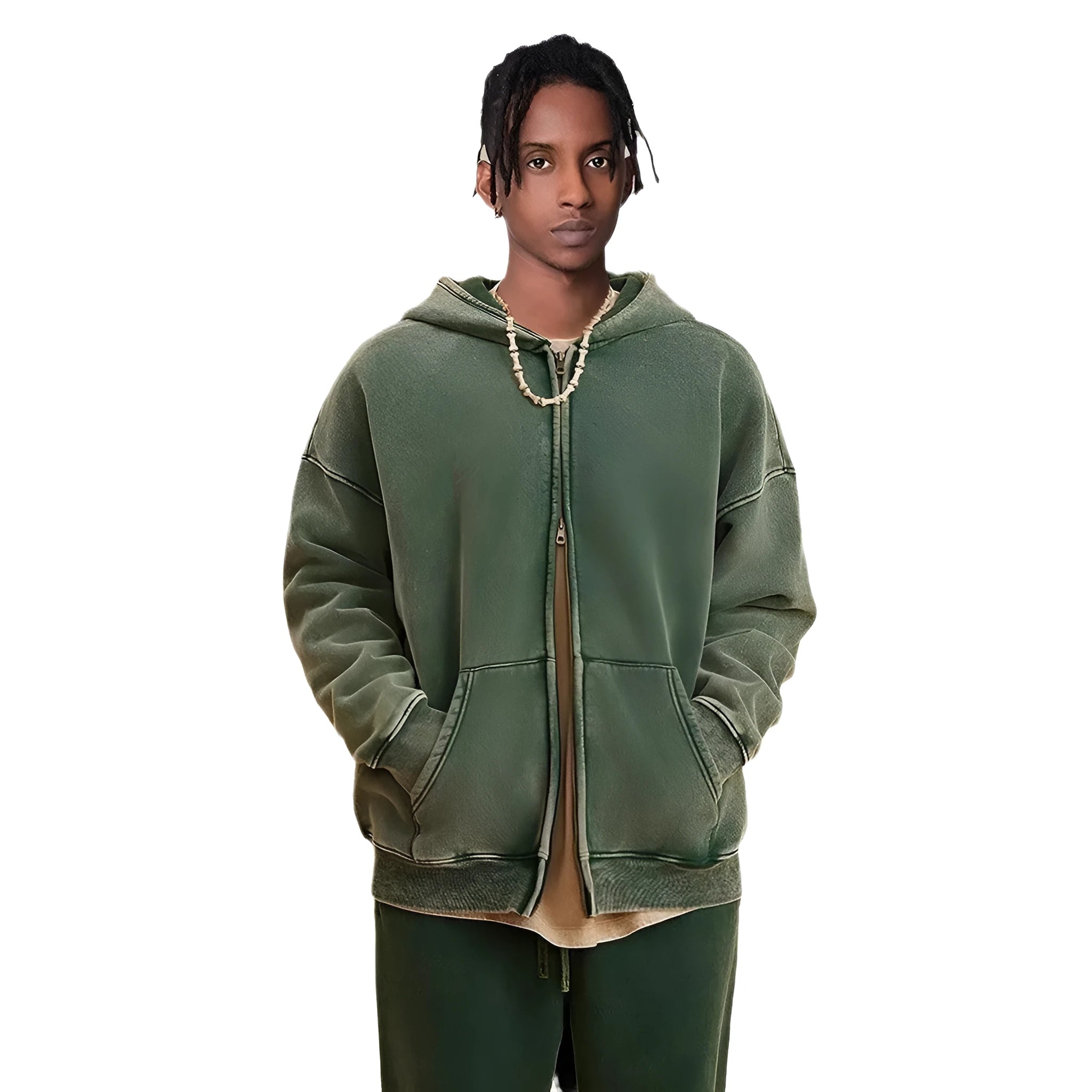 Men's washed vintage hooded cardigan sweater with a double zipper and fleece lining