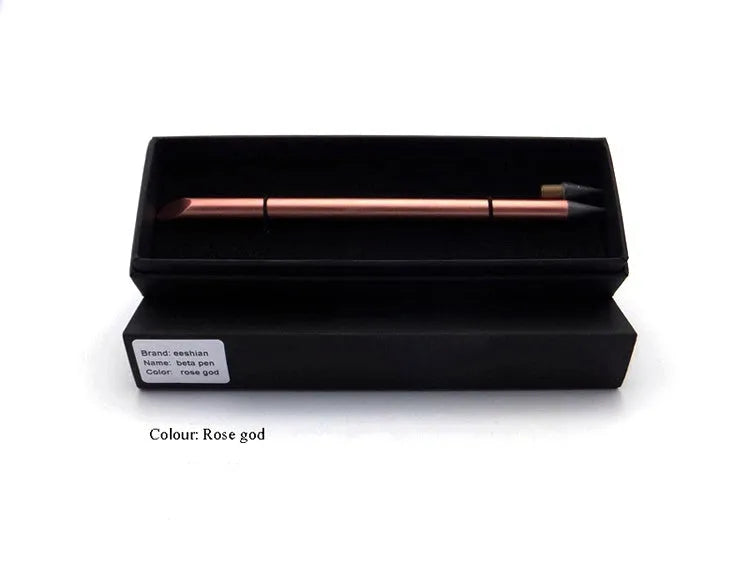 Silver inkless metal pen with alloy nib next to its storage box and spare nib.