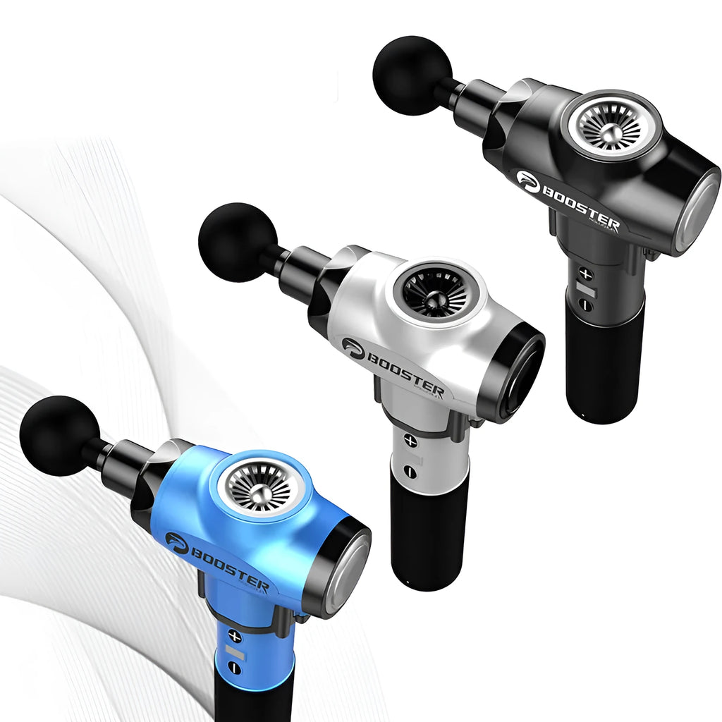 Black and white handheld muscle massage gun with adjustable speed settings