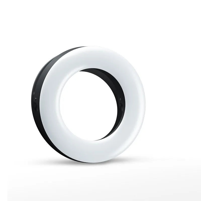 Black LED selfie ring light for mobile phones with USB cable and adjustable brightness settings