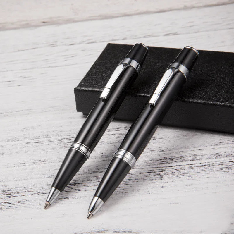 Short mini metal ballpoint pen with rotating mechanism, silver shell, and black ink, 112mm length