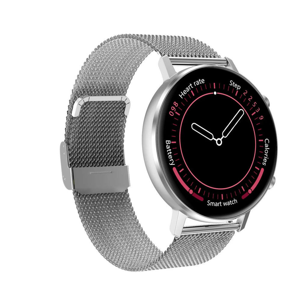 DT96 smart bracelet with 1.3-inch colour screen on a stainless steel strap, showing black, rose gold, and silver colour options.