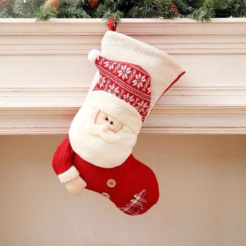 Large red white knitted Christmas stocking with Santa Claus design for fireplace decoration