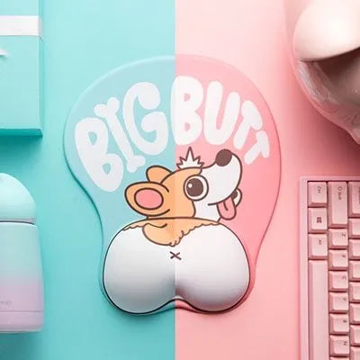 3D corgi design mouse pad with wrist support cushion showing blue colour option on desktop