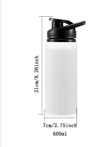 White aluminium sports water bottle with leak-proof lid, shown in 600ml and 750ml capacities for cycling and running.