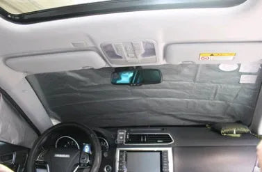 Magnetic car windscreen snow cover in black with silver back, 210x120cm size, six magnets visible