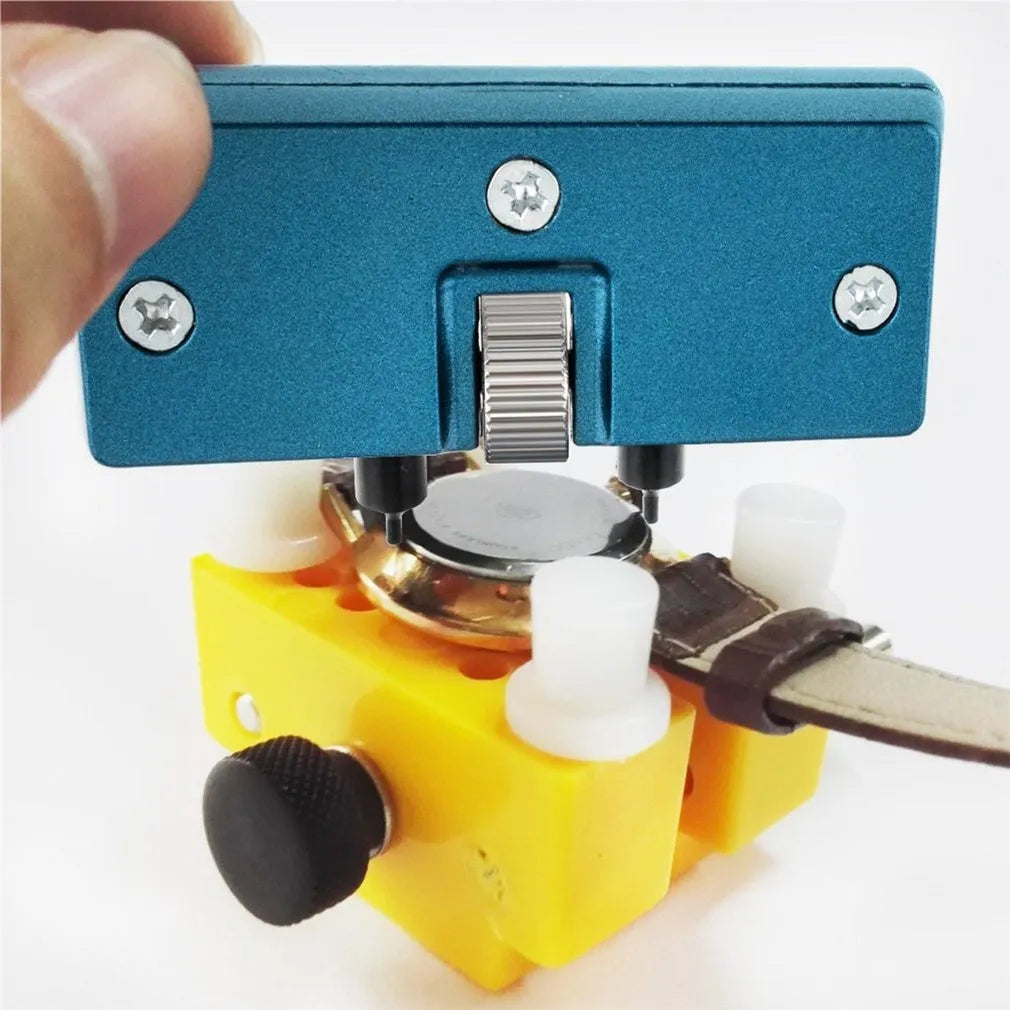 Yellow plastic watch repair kit with adjustable opener tool and fixing base