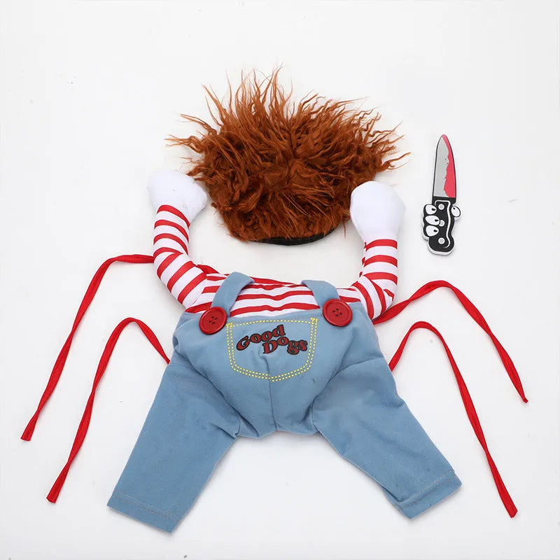 Red polyester adjustable Halloween dog costume with wig and foam knife for pet cosplay parties