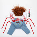 Red polyester adjustable Halloween dog costume with wig and foam knife for pet cosplay parties