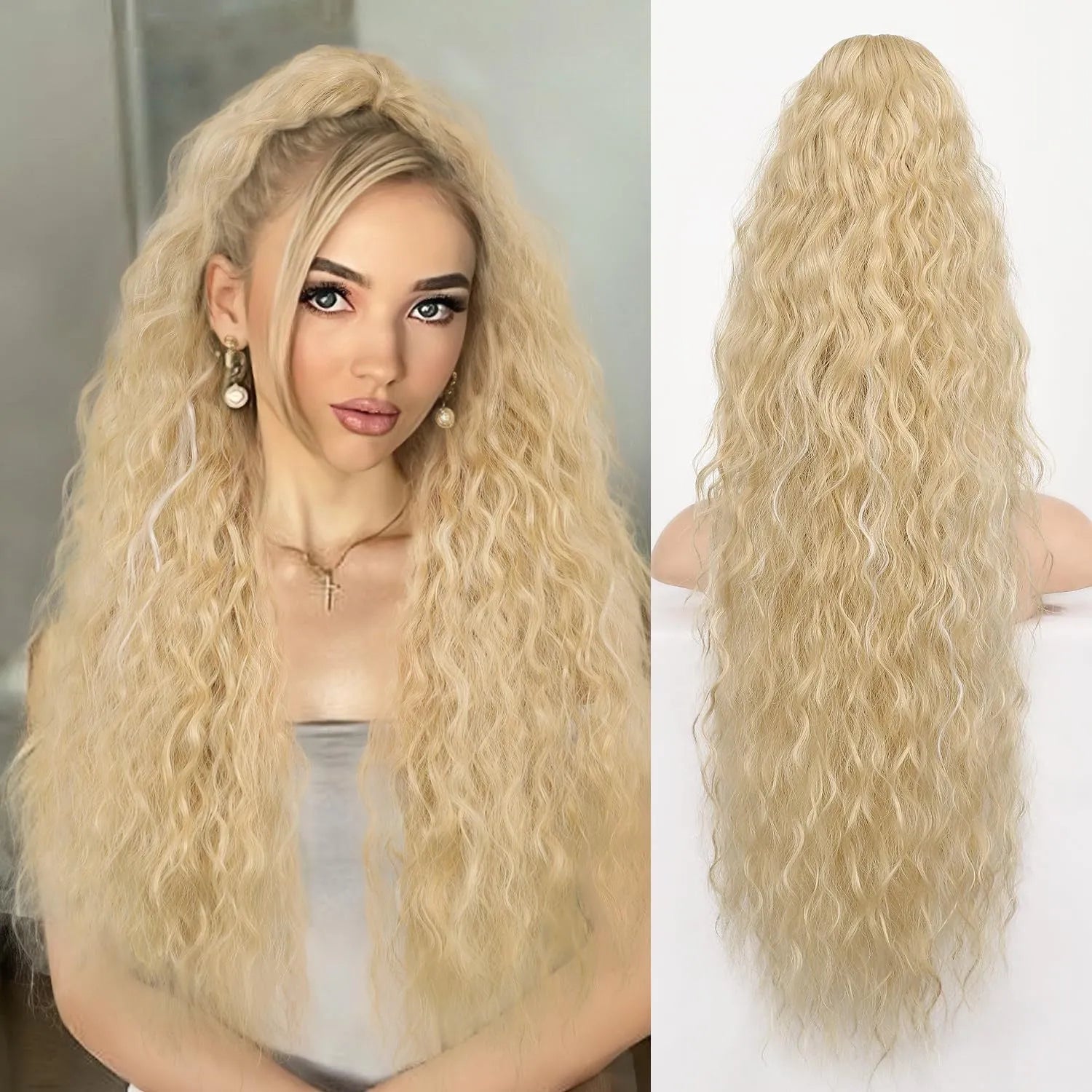 Long curly synthetic ponytail wig in high temperature fibre, 30 inches in length.