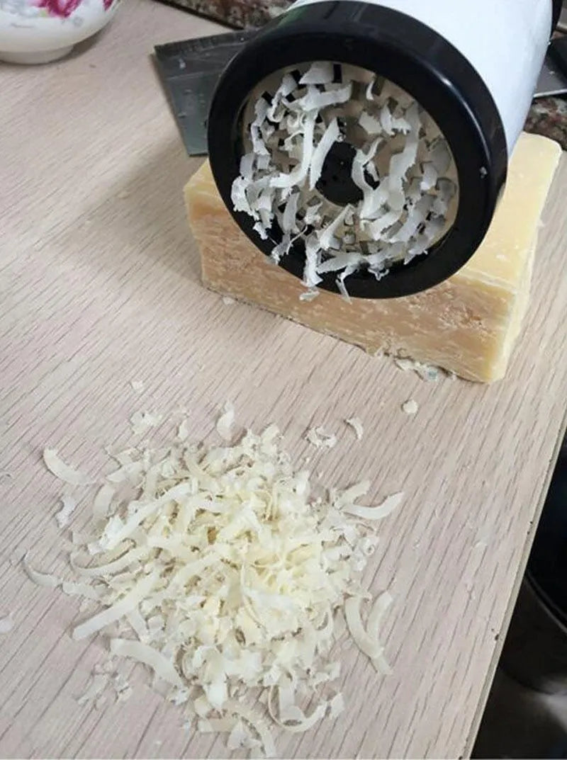 Stainless steel rotary cheese grater with super sharp blade for chocolate fondue and hard cheeses, black and white, 17cm height