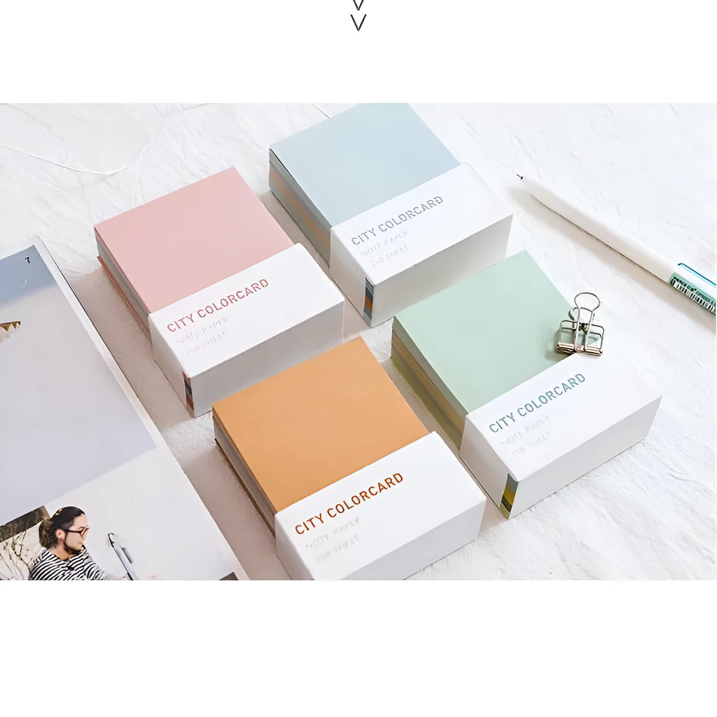 City-themed memo note cards showing four colour designs at 75x95mm size