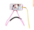 A white flexible neck strap phone holder with a 360-degree rotating clamp gripping a smartphone.