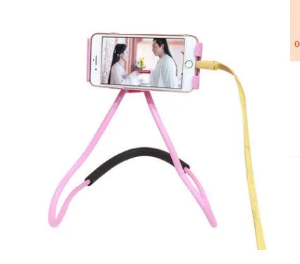 A white flexible neck strap phone holder with a 360-degree rotating clamp gripping a smartphone.