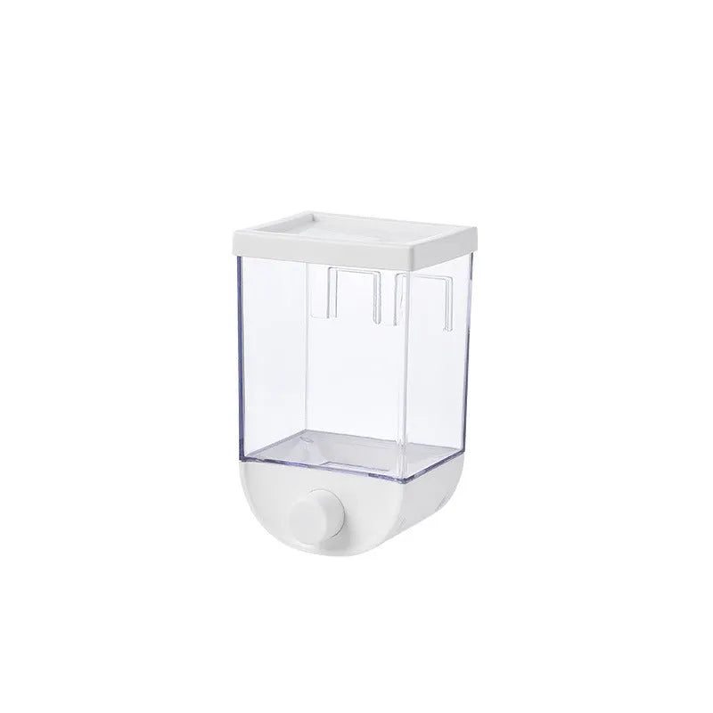 White transparent kitchen food storage box with easy press cereal dispenser lid.
