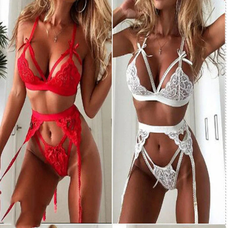 Red and white women's lace lingerie set for cosplay costumes with bra and briefs