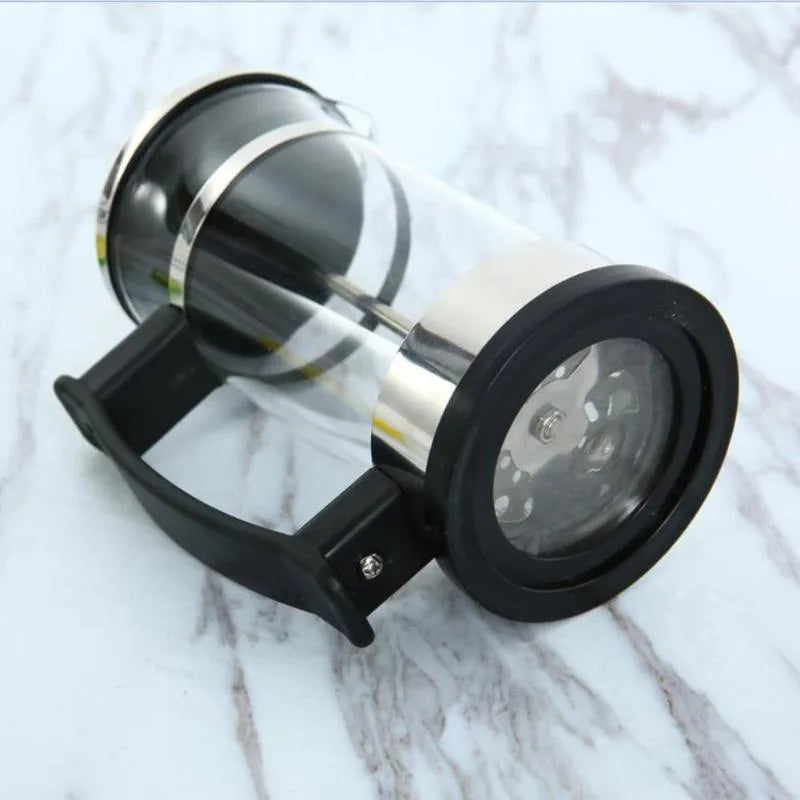 Compact glass pour-over coffee maker with stainless steel filter, 350ml capacity, 10cm wide.