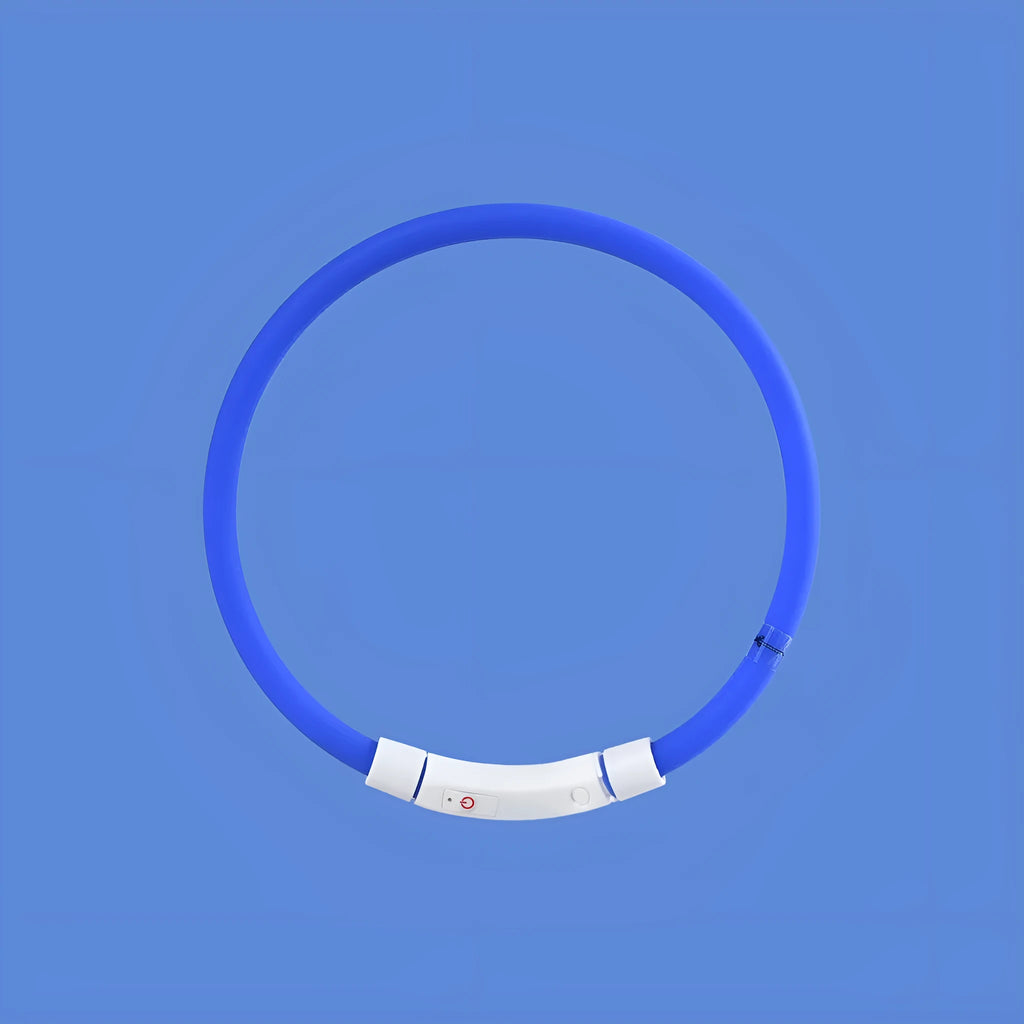 Blue LED pet light collar with cuttable silicone strip and USB charging cable, 50cm length