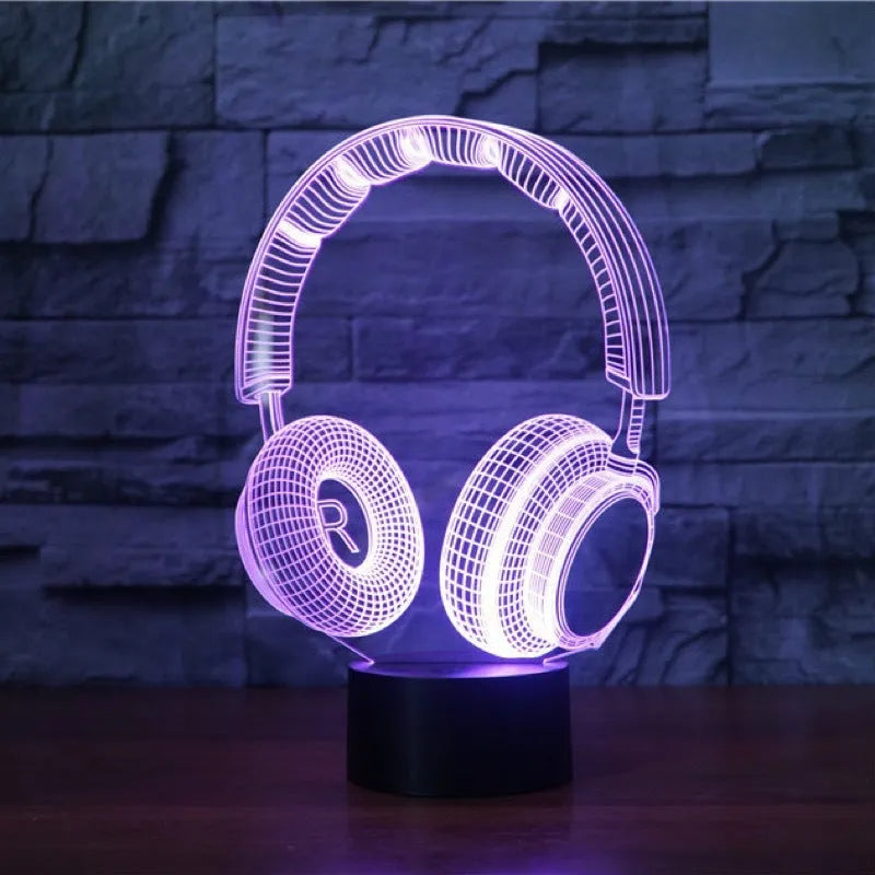 Stereo earphone illusion decorative table lamp with acrylic shade, LED light, and USB cable