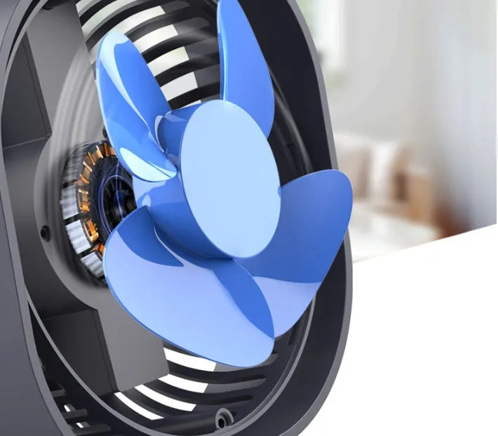 USB desk fan with alarm clock in blue colour, showing rotary switch and plastic blades.