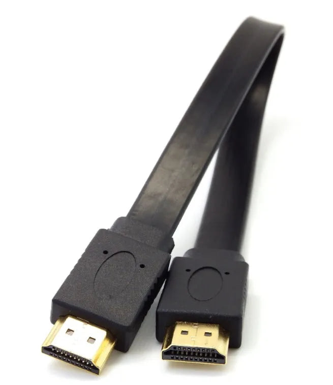 Flat black HDMI cable with male connectors, shown in multiple available lengths for AV connections.