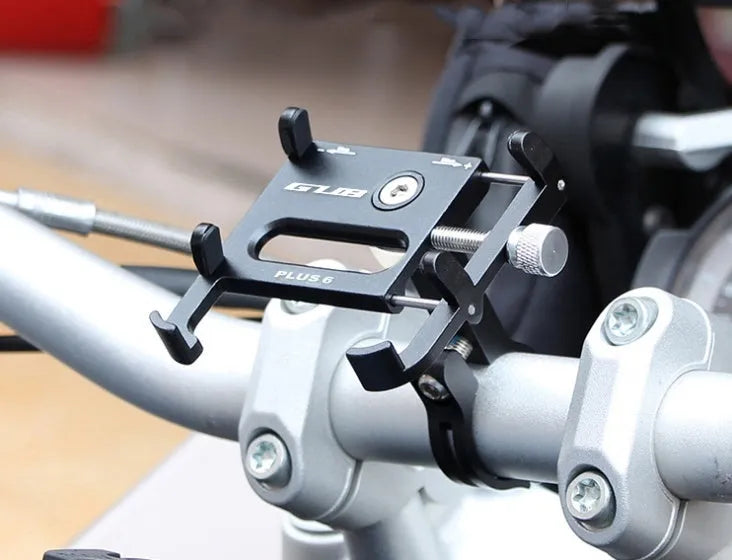 Aluminium motorcycle phone holder with rotating head on handlebars