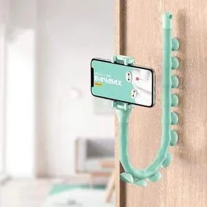 Flexible worm-style mobile phone holder with suction cup base showing 62cm reach and 360-degree rotation