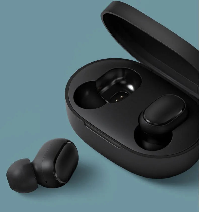 Redmi AirDots black true wireless Bluetooth headphones and charging case.