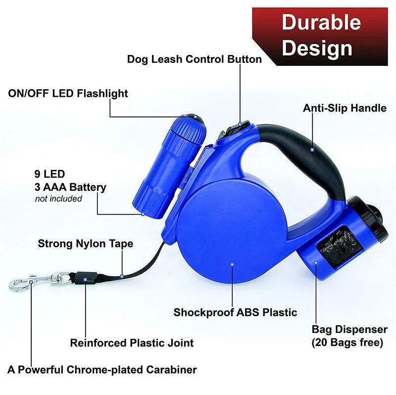 4.5m retractable dog lead with LED light and waste bag dispenser, black, ABS and nylon construction