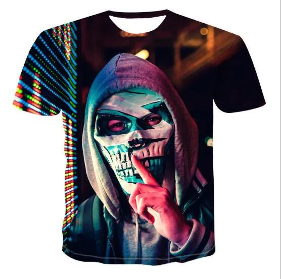 Men's cotton crew neck t-shirt with 3D skull print, available in nine styles and sizes from S to 6XL