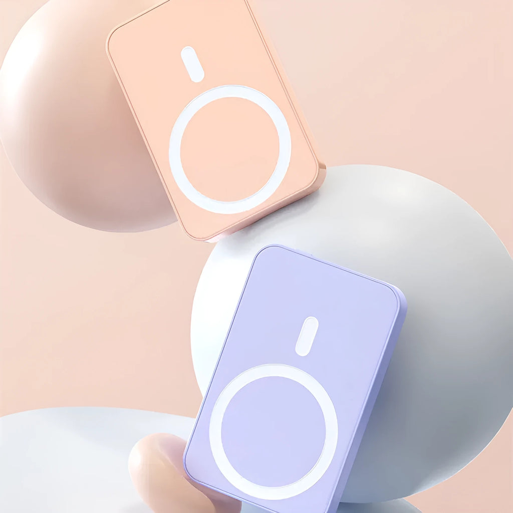Pink wireless magnetic power bank showing dimensions 100x64x18mm with 20000mAh capacity.