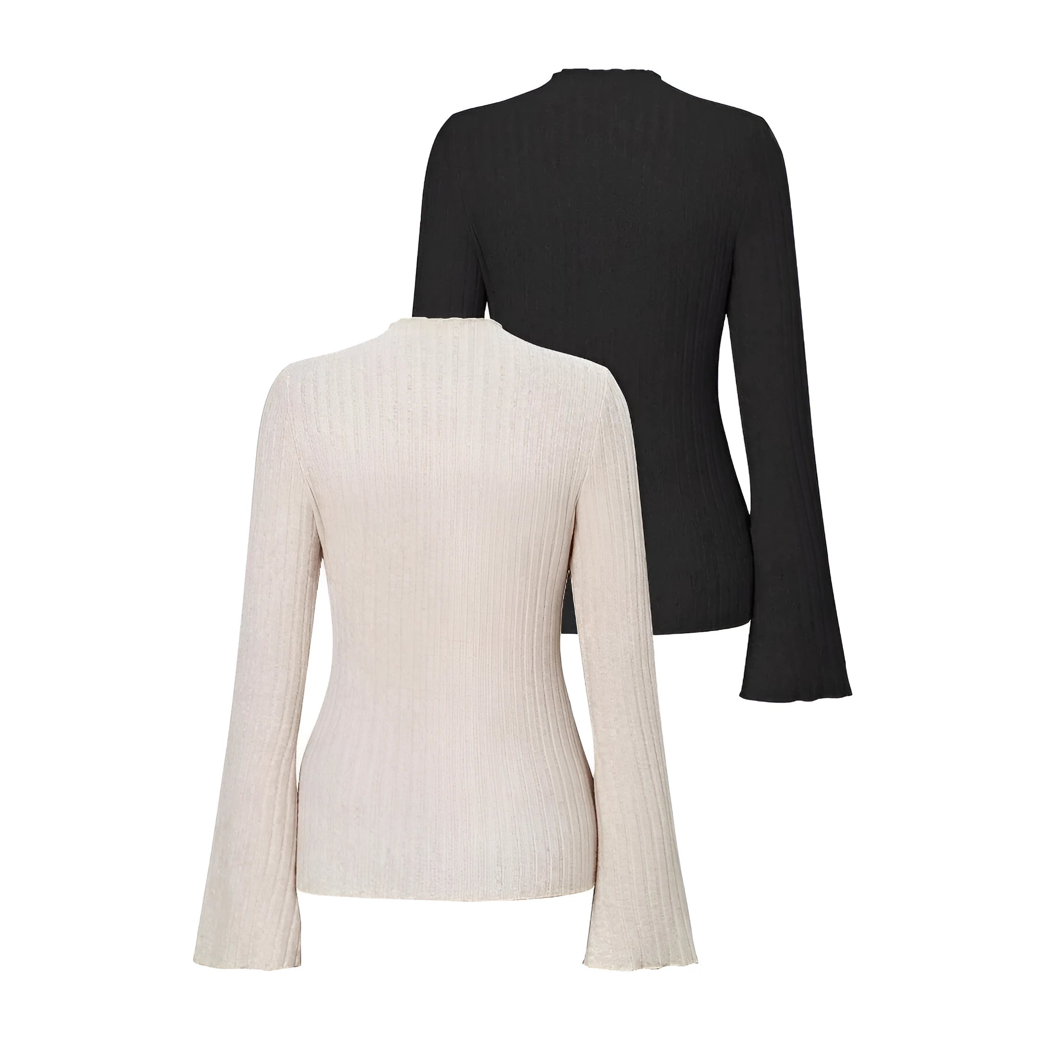 Slim-fit long-sleeve top in black with sunken stripe texture and lantern sleeves on a hanger.