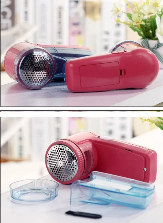 Portable electric lint remover shaver for clothing on a blue background.