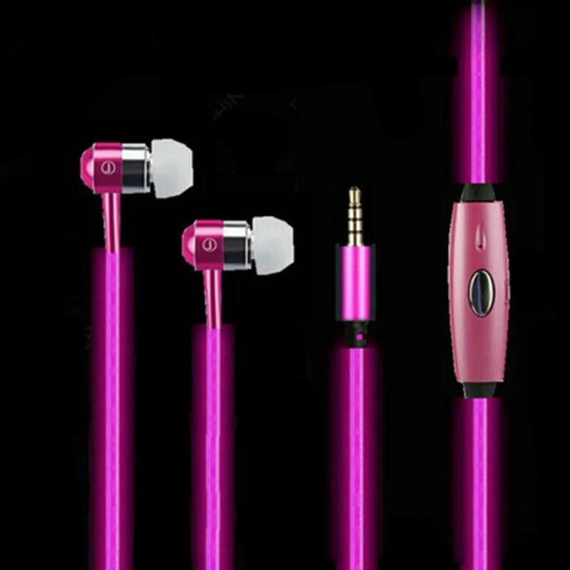 Blue LED light-up earphones with 3.5mm jack and inline remote control, showing illuminated ear shells.