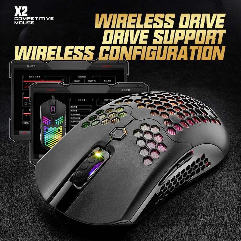 Free Wolf X2 wireless gaming mouse with RGB lighting in black, green, pink, white, or yellow colour options.