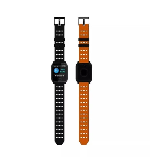 A6 colour screen smart bracelet in blue, black, or orange with silicone strap on wrist.