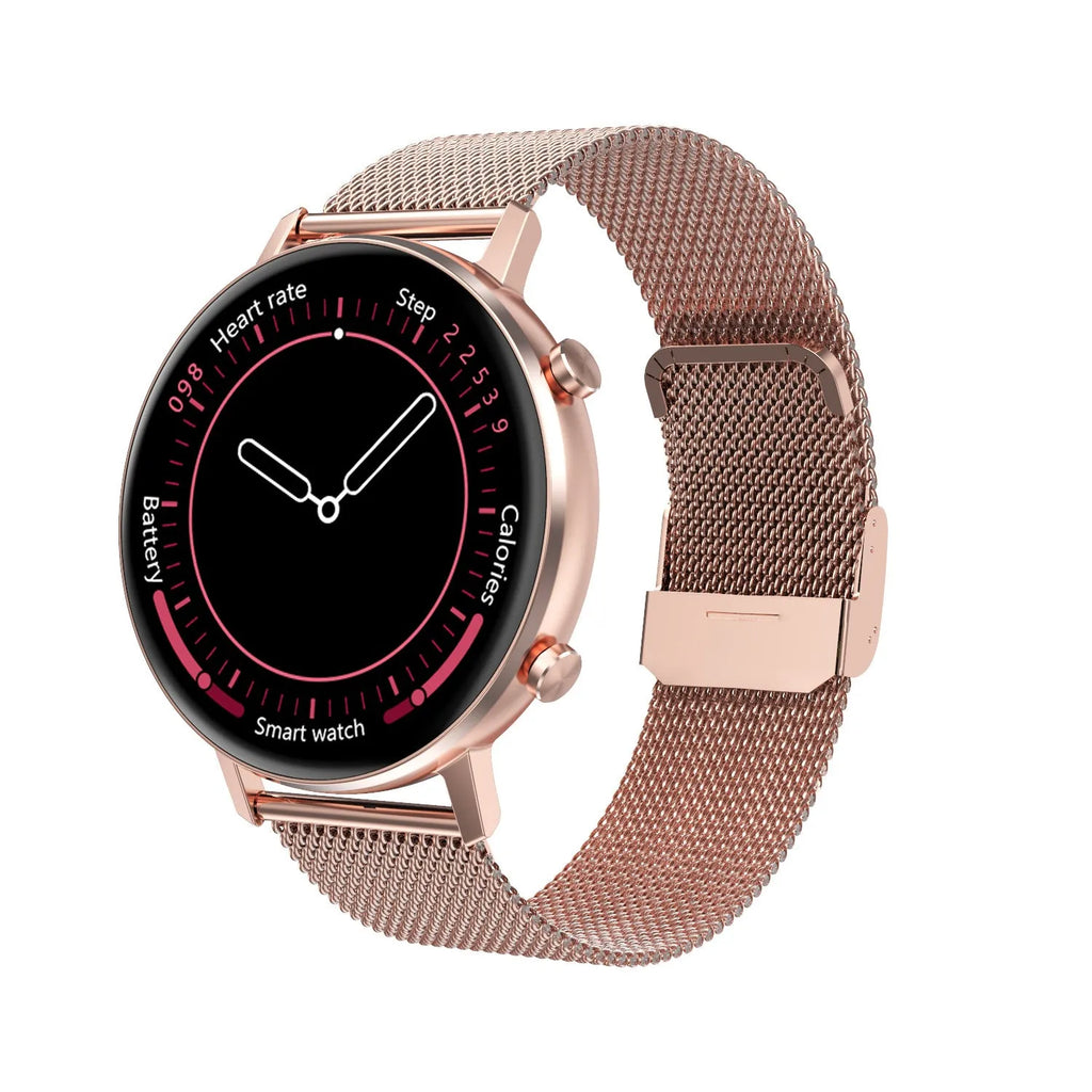 DT96 smart bracelet with 1.3-inch colour screen on a stainless steel strap, showing black, rose gold, and silver colour options.