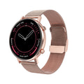 DT96 smart bracelet with 1.3-inch colour screen on a stainless steel strap, showing black, rose gold, and silver colour options.