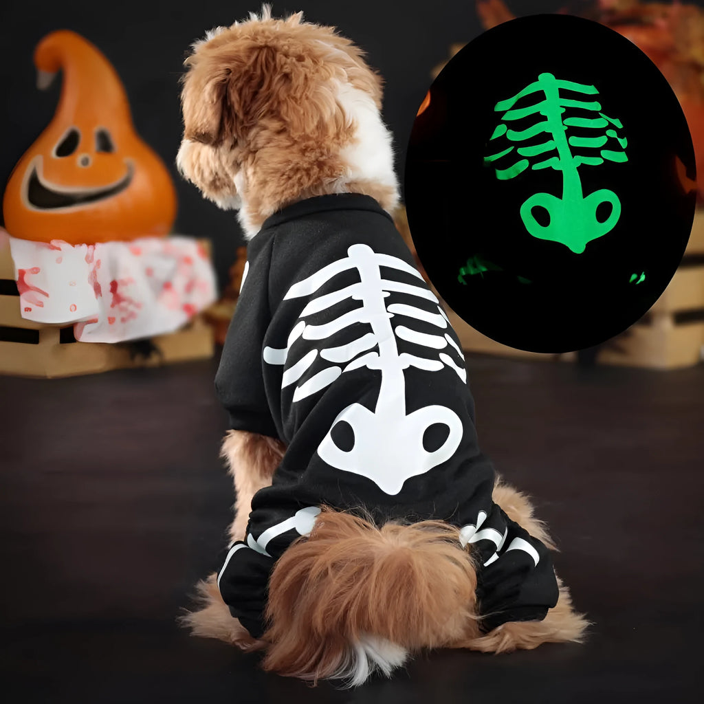 Halloween dog costume with luminous skull bones design on four-legged polyester garment