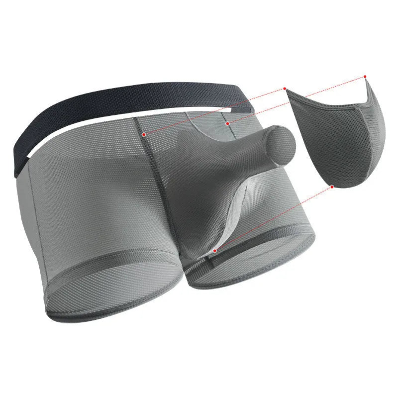 Men's ice silk nylon boxer underwear in black colour showing low-waist design and mesh breathable panels