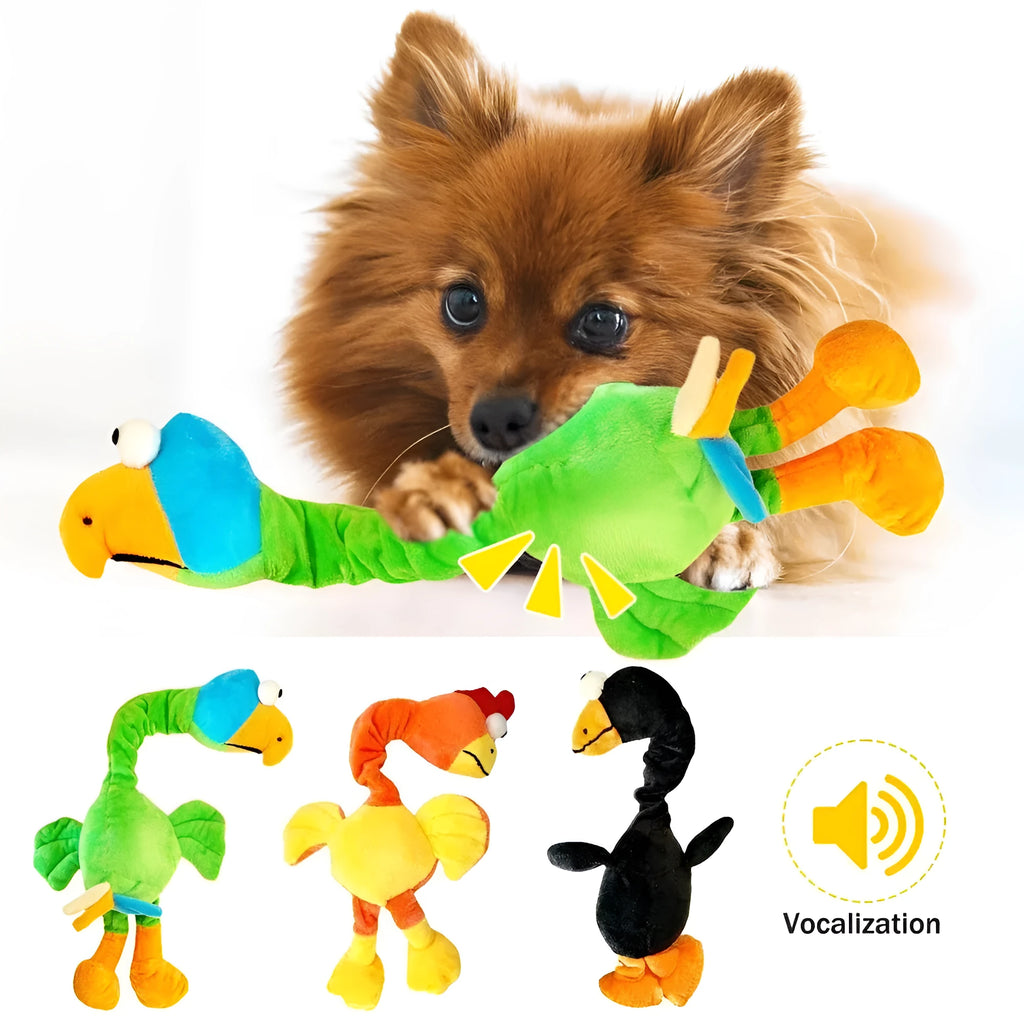 Screaming chicken sound dog toy in black, green, or orange colours