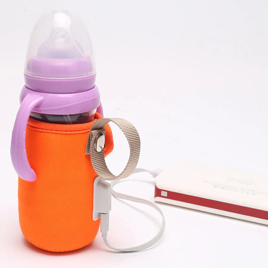 Blue USB baby bottle warmer showing cotton sleeve and power connection for milk feeding