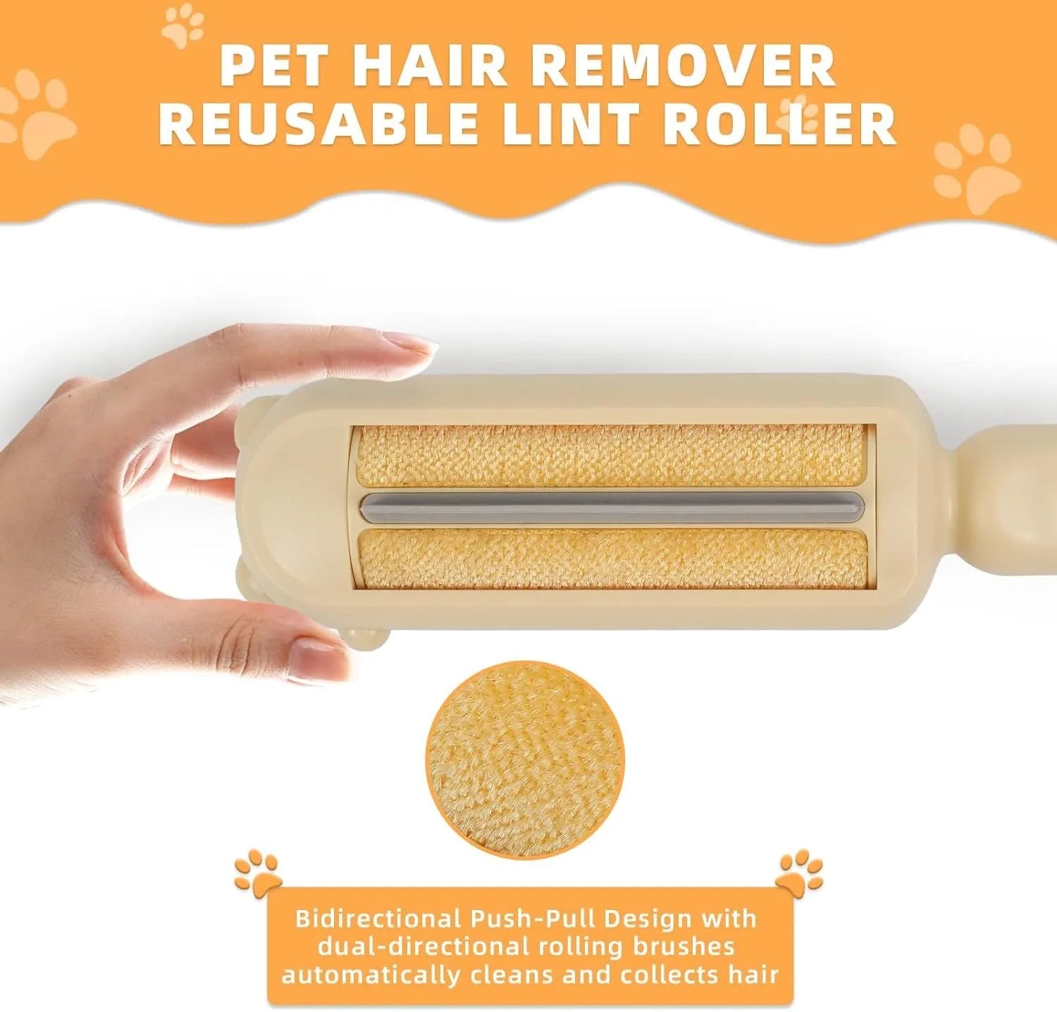 Blue pet hair removal tool with a roller and self-cleaning base for furniture and cars.