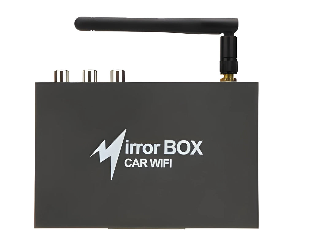 Black car Wi-Fi mirror box with antenna, power cable, and AV cable for smartphone to car screen display