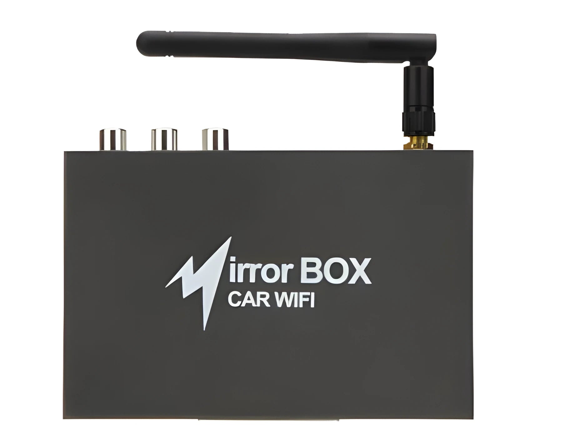 Black car Wi-Fi mirror box with antenna, power cable, and AV cable for smartphone to car screen display